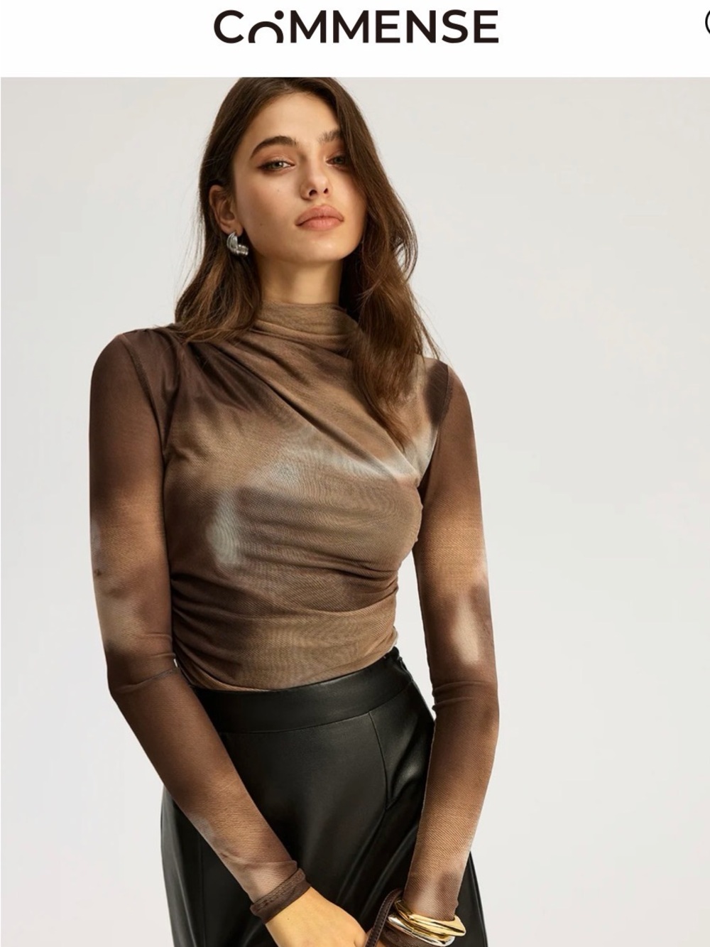 Commense Brown Sheer Tie-Dye Effect Mock Neck Long Sleeve Top